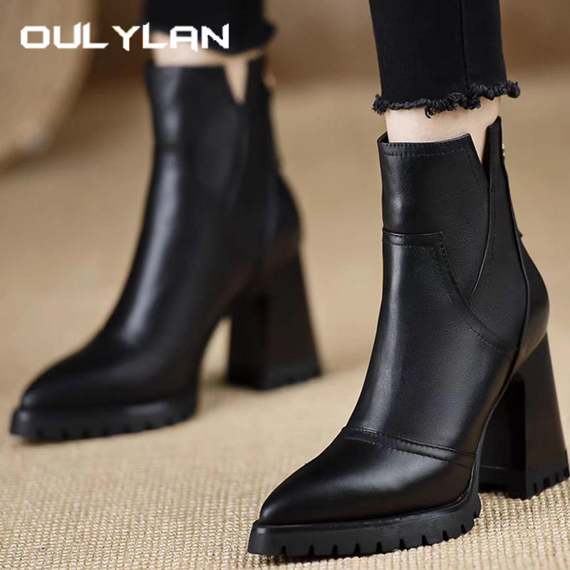 Women'S Fashion Leather Boots - Oulylan سميكة عالية الكعب النساء أحذية