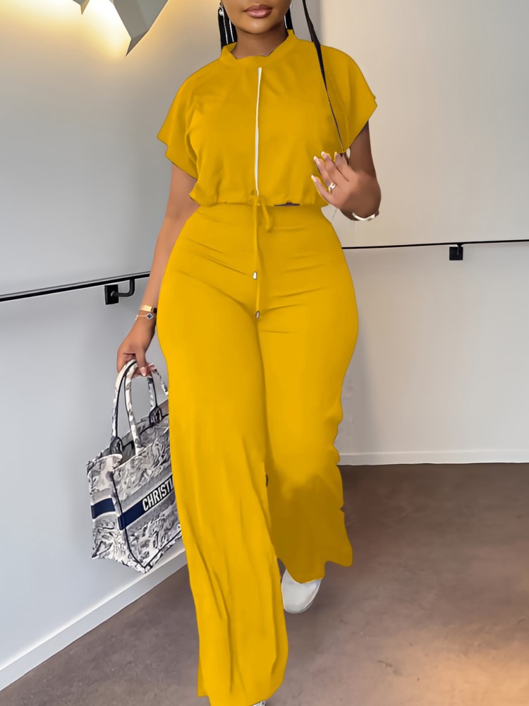 Wide Leg Palazzo Pants - المرأة عادية جولة الرقبة الرباط كم