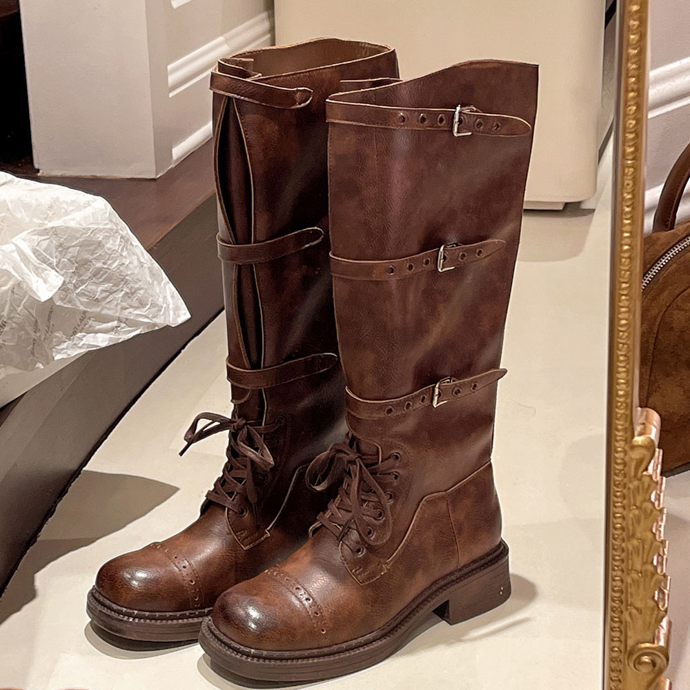 Women'S Fashion Leather Boots - المرأة حذاء برقبة للركبة خمر حزام