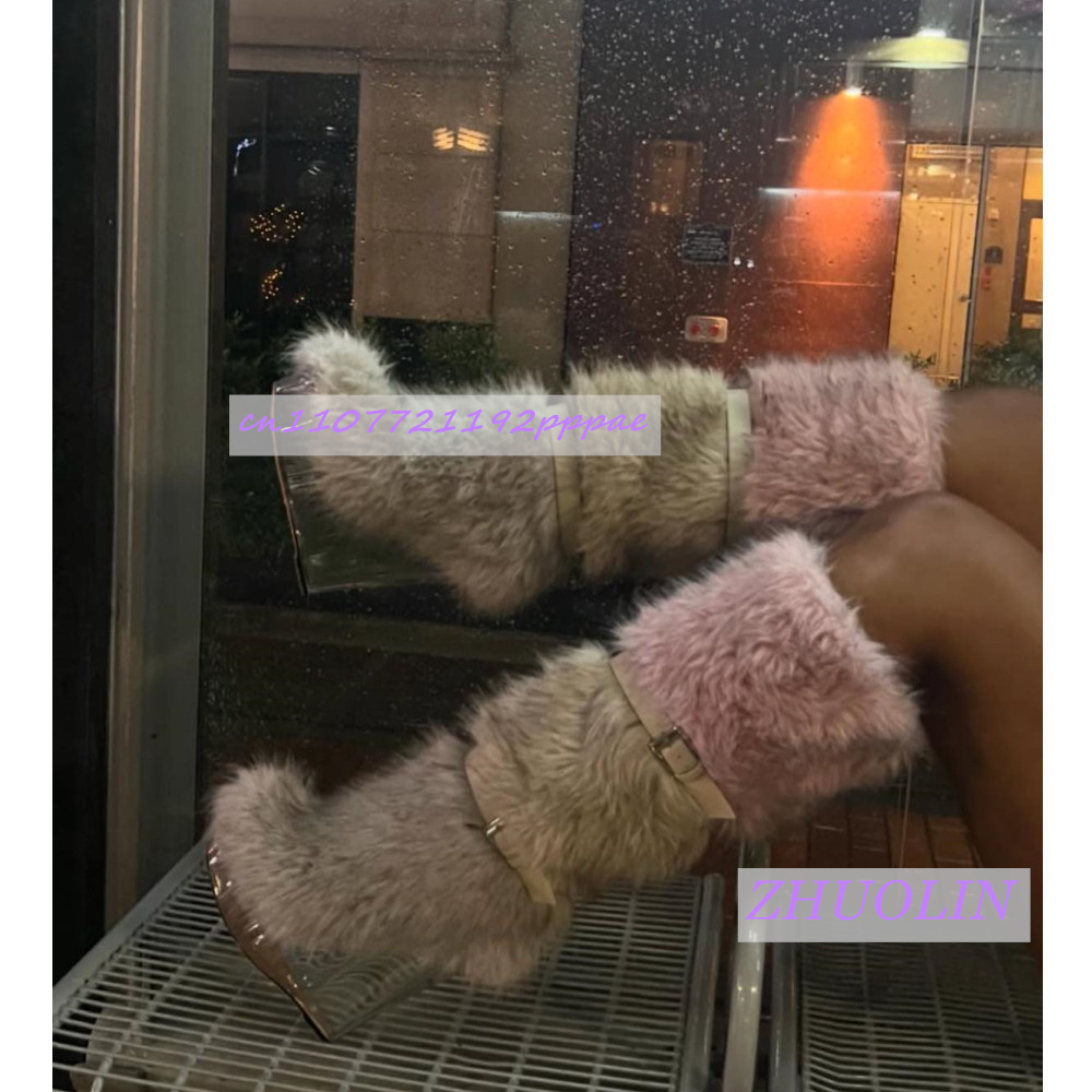 Women'S Fashion Leather Boots - الشتاء التدرج فروي شفافة إسفين الأحذية