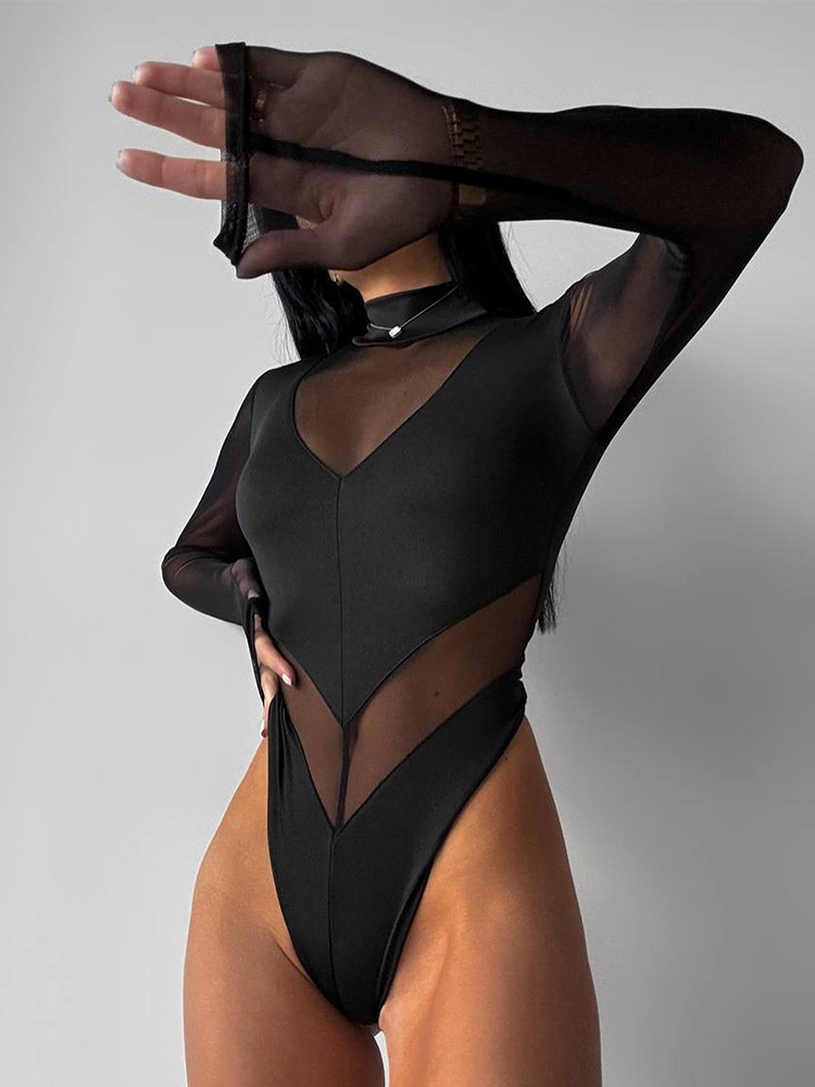 Turtleneck Bodysuit - ملابس داخلية شبكية مرقعة للنساء ملابس