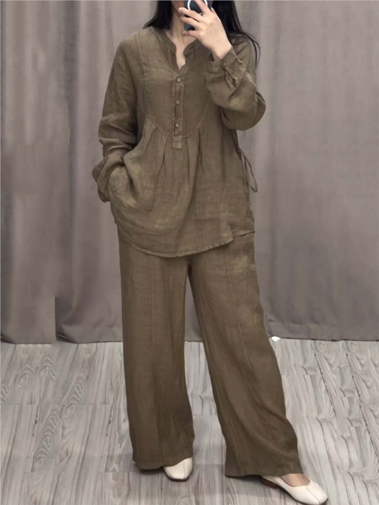 Wide Leg Palazzo Pants - طقم نسائي من قطعتين للمكتب بلون