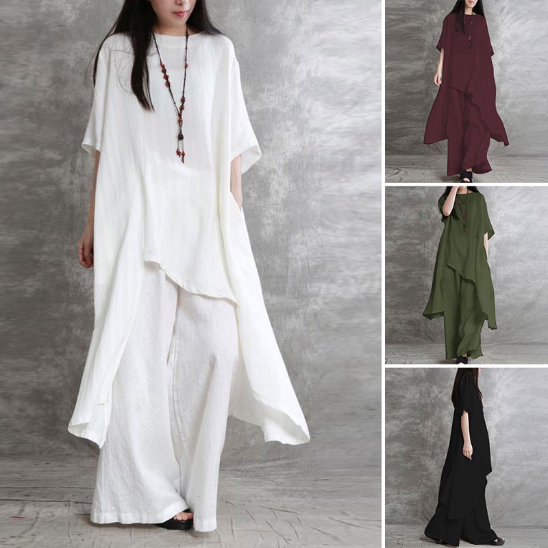 Wide Leg Palazzo Pants - ملابس رياضية نسائية من الكتان القطني