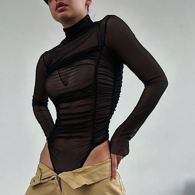 Turtleneck Bodysuit - بدلة ضيقة شبكية بأكمام طويلة لخريف