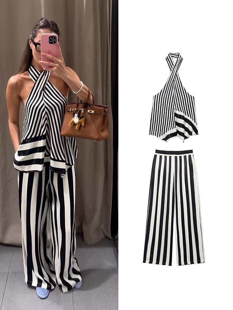 TFMLN 2026 طقم نسائي مخطط من ت - مراجعة Wide Leg Palazzo Pants وسعره