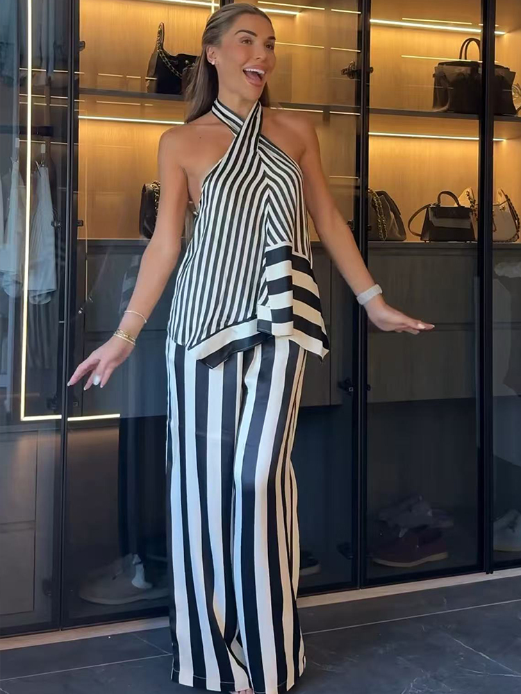 TFMLN 2026 طقم نسائي مخطط من ت - مراجعة Wide Leg Palazzo Pants وسعره