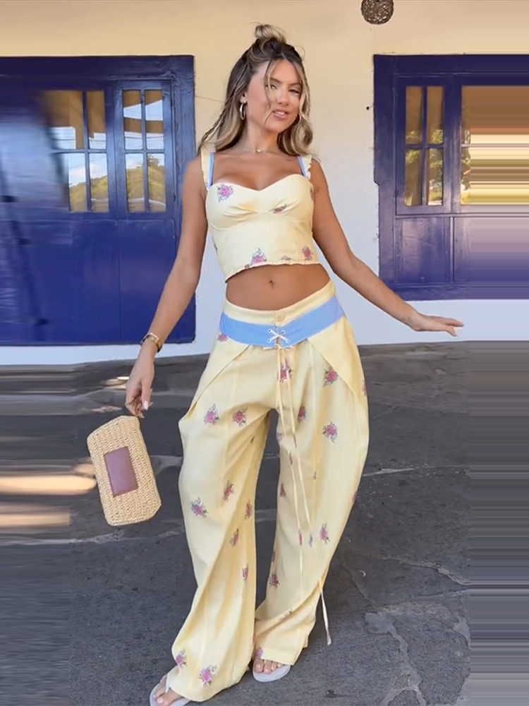 طقم نسائي أنيق مطبوع مثير: بلو - مراجعة Wide Leg Palazzo Pants وسعره