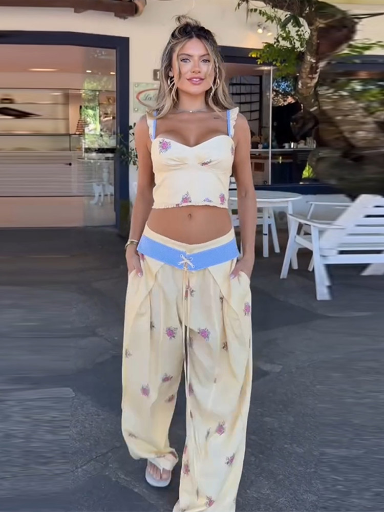 طقم نسائي أنيق مطبوع مثير: بلو - مراجعة Wide Leg Palazzo Pants وسعره