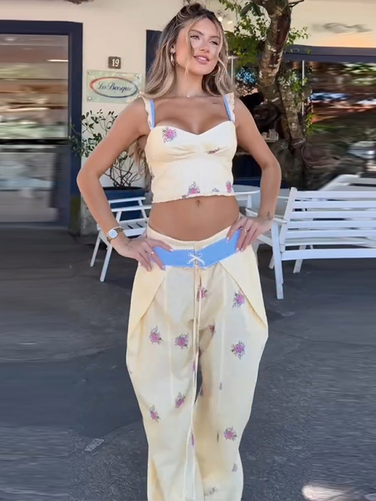 طقم نسائي أنيق مطبوع مثير: بلو - مراجعة Wide Leg Palazzo Pants وسعره